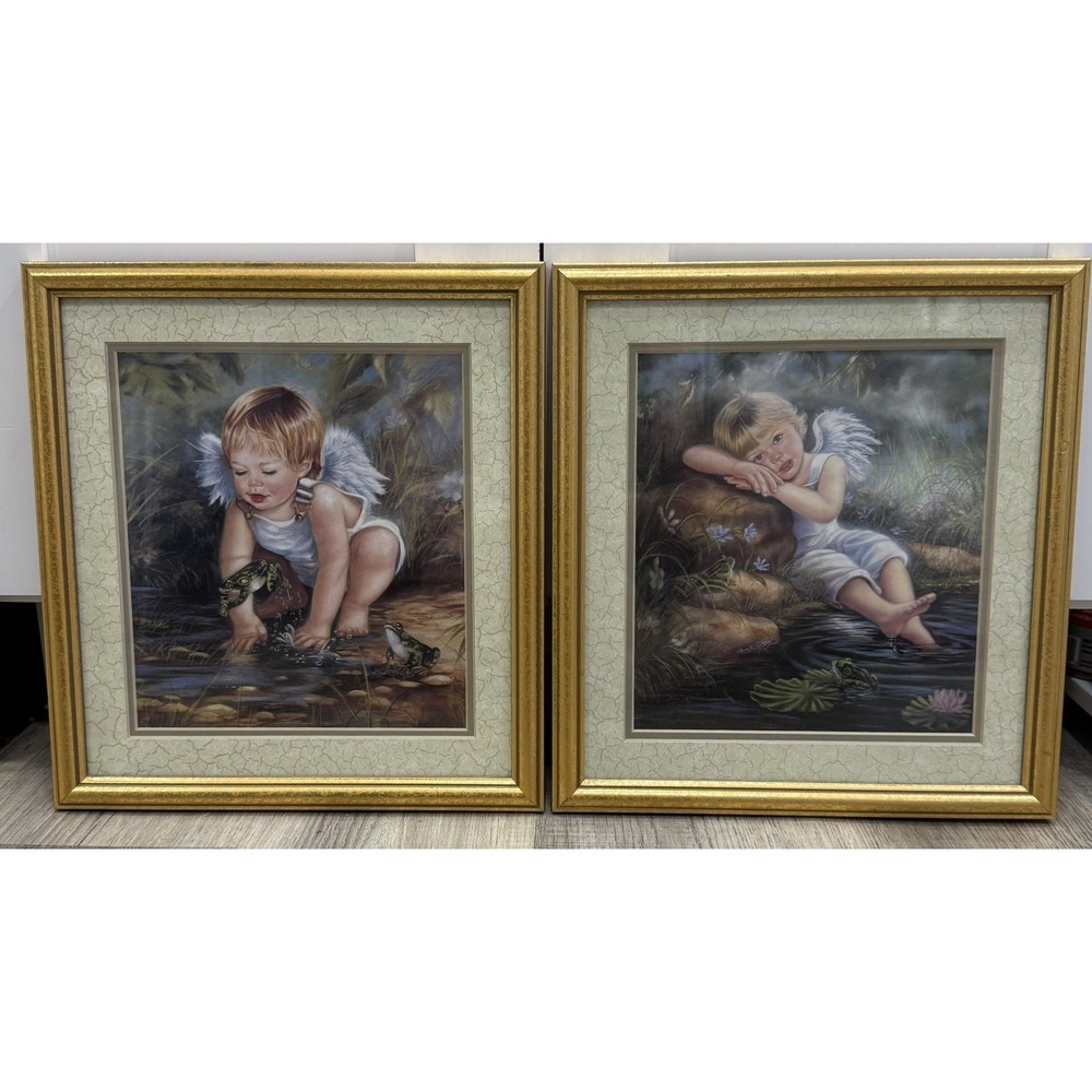 Vintage Donna Heath Brooks Set of 2 Angel Cherub Wall Art Framed MCM